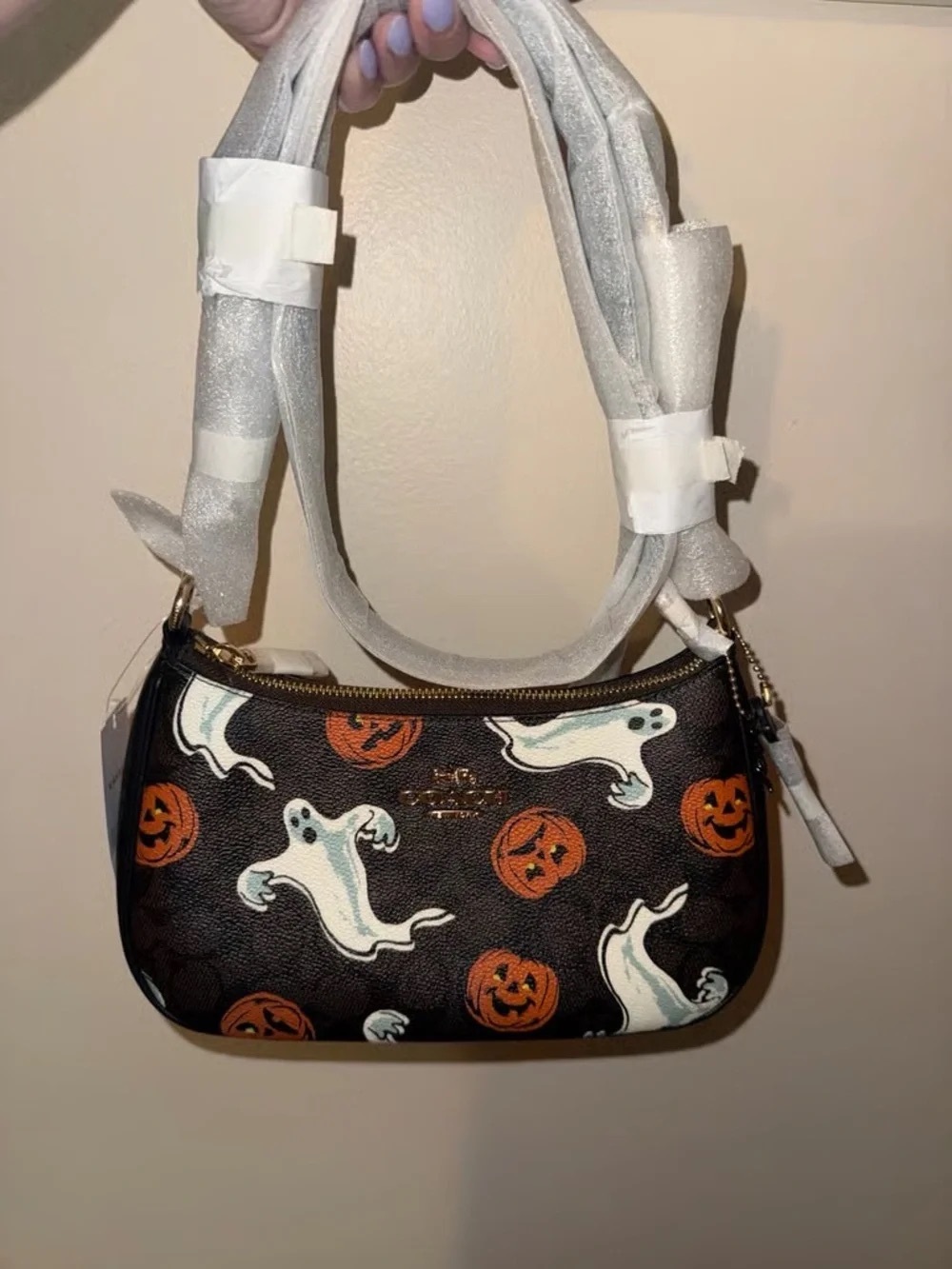 Coach Black Small Shoulder Bag with White Ghosts & Orange Pumpkins